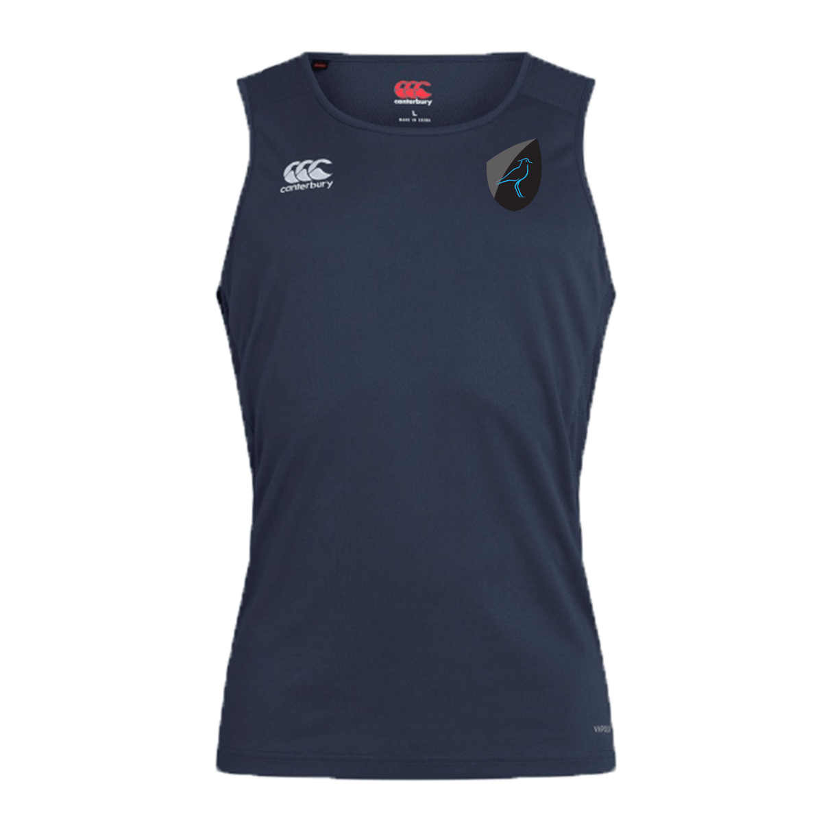 Navy blue sleeveless Uruguay Shield Club Dry Singlet sports tank top by EMB Canterbury featuring a small logo on the right chest and a larger logo on the left chest.