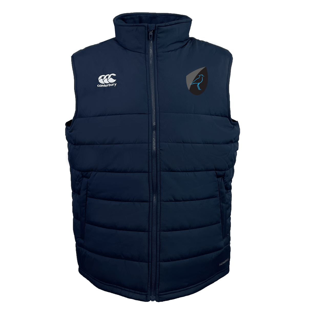 The Uruguay Shield Core Gilet by EMB Canterbury is a navy blue puffer vest with a high collar, featuring two logos on the chest and Thermoreg insulation for added warmth.