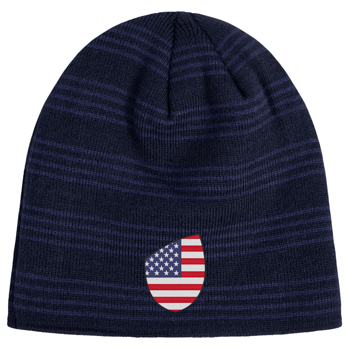 Introducing the EMB Canterbury USA Shield Beanie: a dark blue knit featuring subtle horizontal stripes and an embroidered American flag patch in shield shape.
