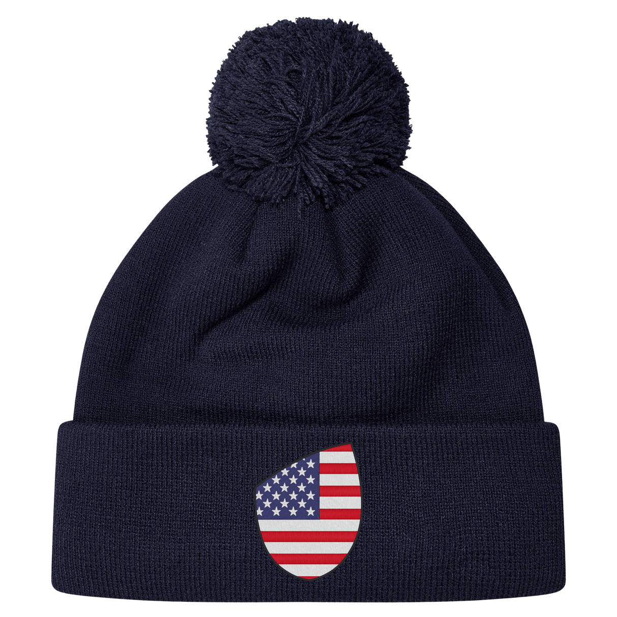 Just In: EMB Canterbury's USA Shield Pom Pom Beanie in navy blue, showcasing a cozy knit design with a playful pom-pom on top and featuring the USA Shield patch on the cuff.
