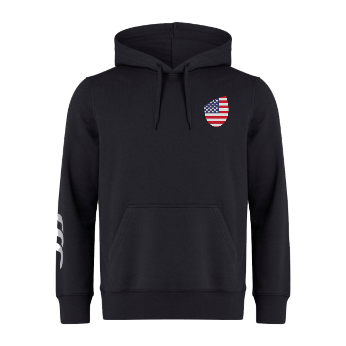 The EMB Canterbury USA Shield Club Hoodie features a drawstring hood, an American flag patch on the left chest, and white stripes on the right sleeve. Made from cozy sweatshirt fleece, it's perfect for rugby supporters.