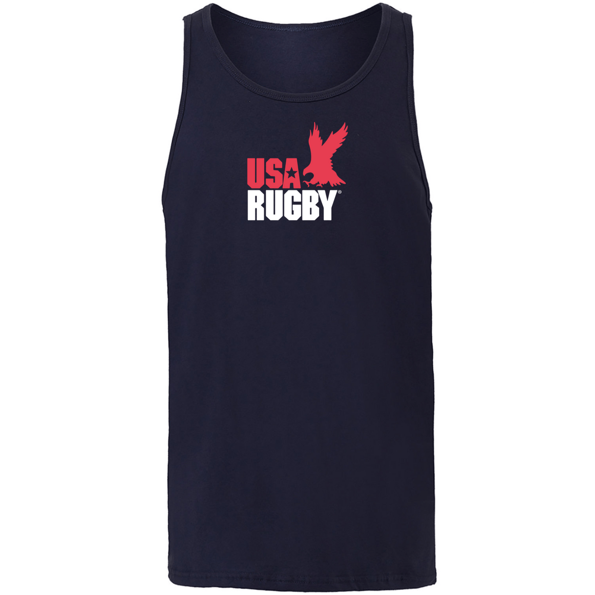 The USA Rugby Throwback Jersey Tank Top by WRS S&S Activewear is a navy blue unisex tank featuring "USA Rugby" text and a red eagle graphic on the chest, crafted for classic style and comfort.
