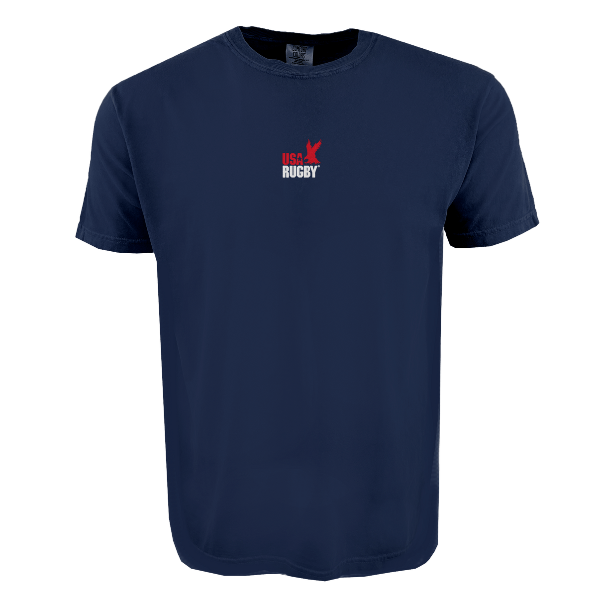 The EMB S&S Activewear USA Rugby Elevated Alternate Throwback Comfort Tee is a navy blue shirt featuring a small red and white "USA Rugby" logo and rugby player graphic, celebrating the 50th Anniversary Collection.