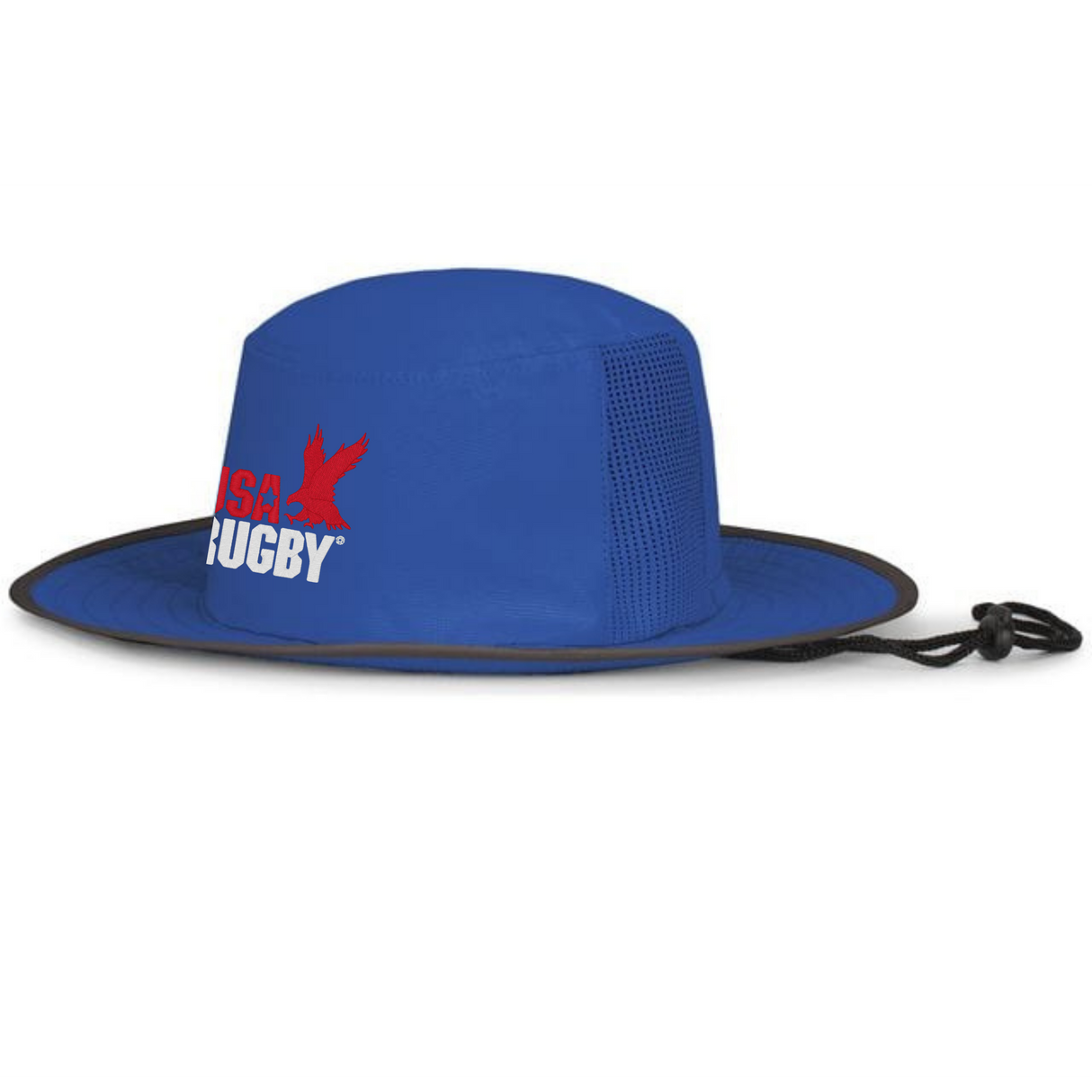 The EMB Augusta USA Rugby Throwback Legend Boonie Hat is blue with mesh side panels for moisture wicking, a chin strap, and a front "USA Rugby" logo featuring a red eagle.