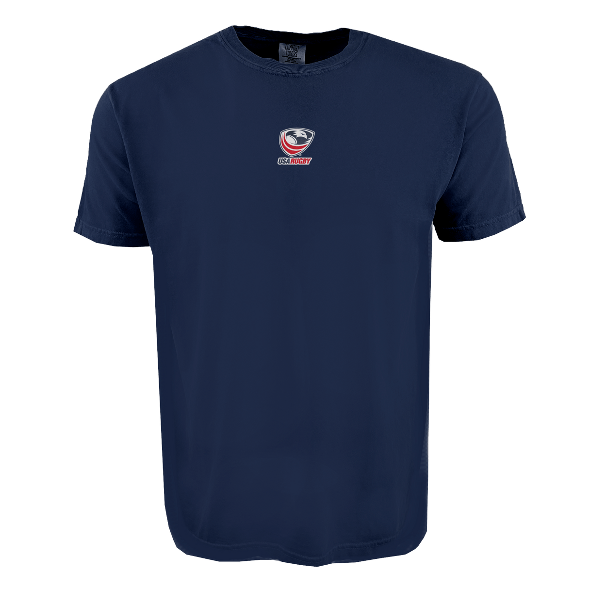 The USA Rugby Elevated Crest Comfort Tee by EMB S&S Activewear features a small centered USA Rugby logo on navy blue, made from soft ring-spun cotton.
