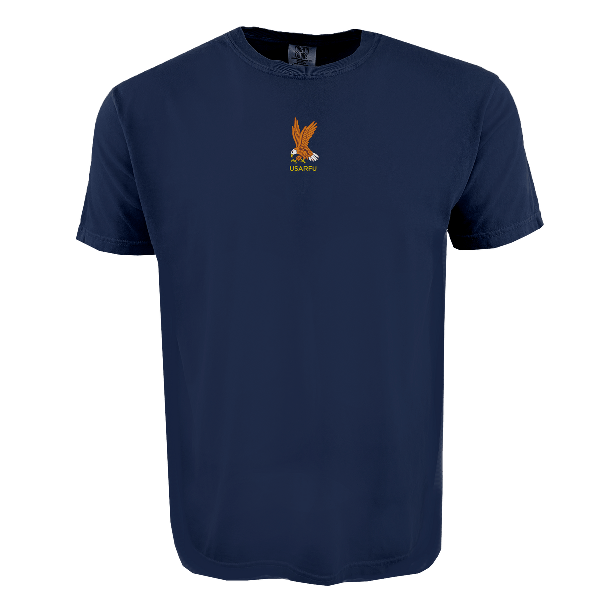 The USA Rugby Elevated Heritage Tee by EMB S&S Activewear is navy blue, made from soft ring-spun cotton, and features a small embroidered eagle with “UHAPSU” text on the chest.