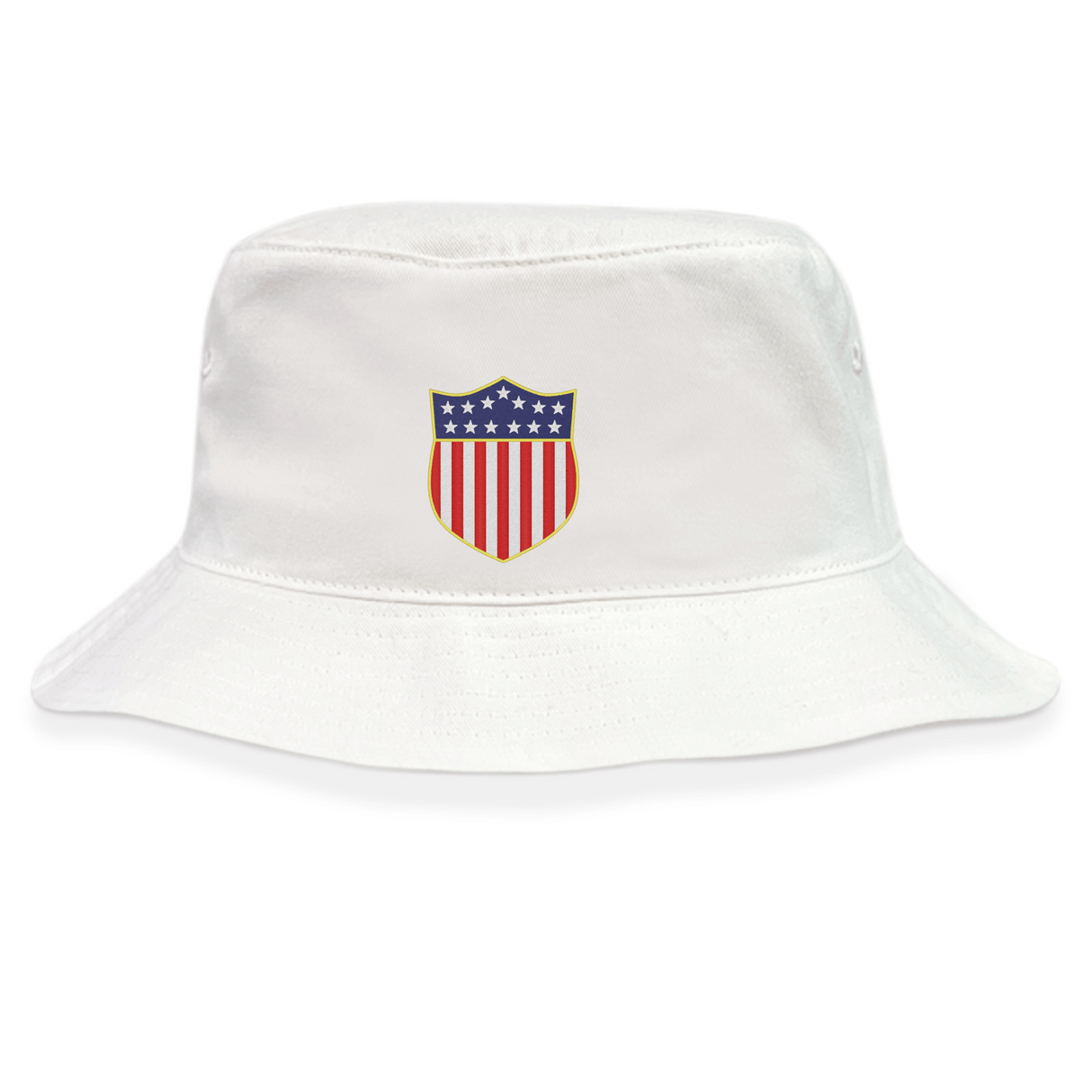 The EMB Weld USA Rugby Original Olympic Bucket Hat features a shield emblem with red and white stripes and white stars on blue, inspired by USA Rugby.