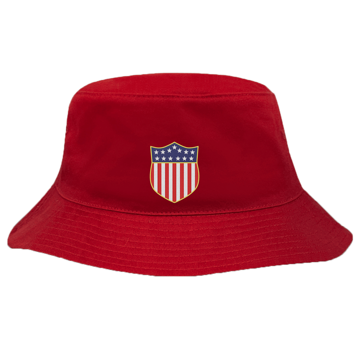 The EMB Weld USA Rugby Original Olympic Bucket Hat features a red design with a shield-shaped emblem in stars and stripes, inspired by the American flag—a great accessory to show your USA Rugby pride.