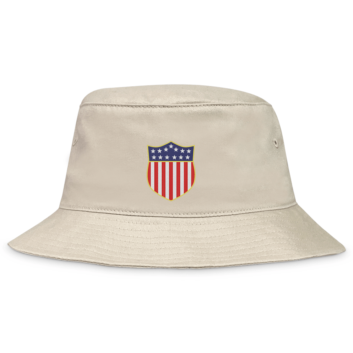 The EMB Weld USA Rugby Original Olympic Bucket Hat features a shield emblem with red and white stripes and white stars on blue, inspired by the Olympic spirit.