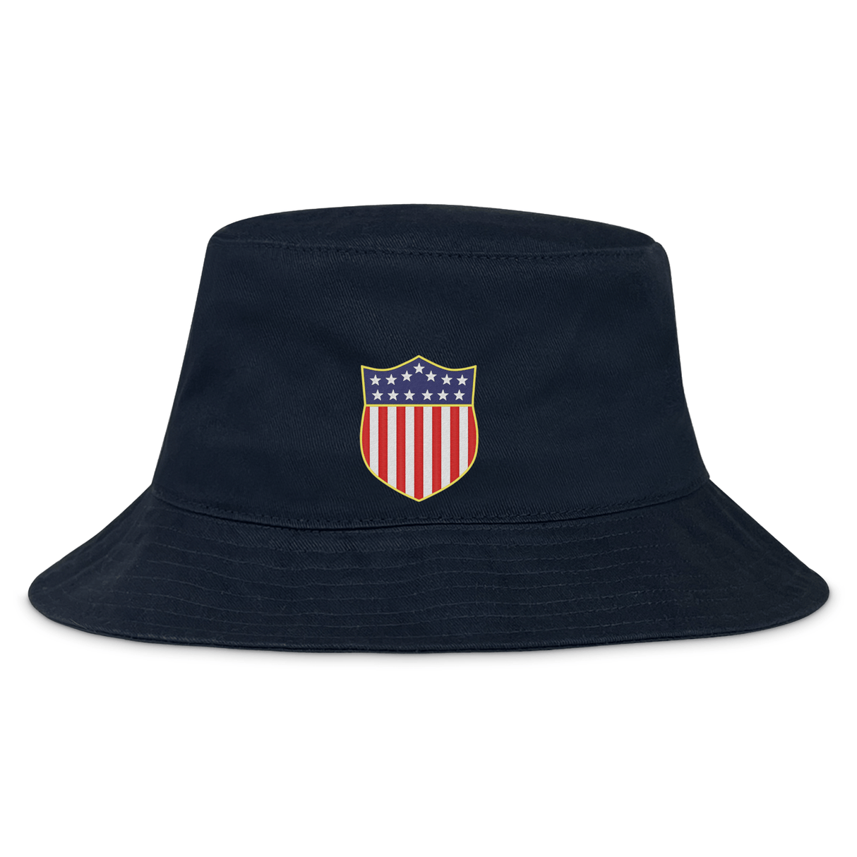 The EMB Weld USA Rugby Original Olympic Bucket Hat in navy blue features a shield emblem with red and white stripes and white stars—perfect for showing your USA Rugby or Olympic pride.