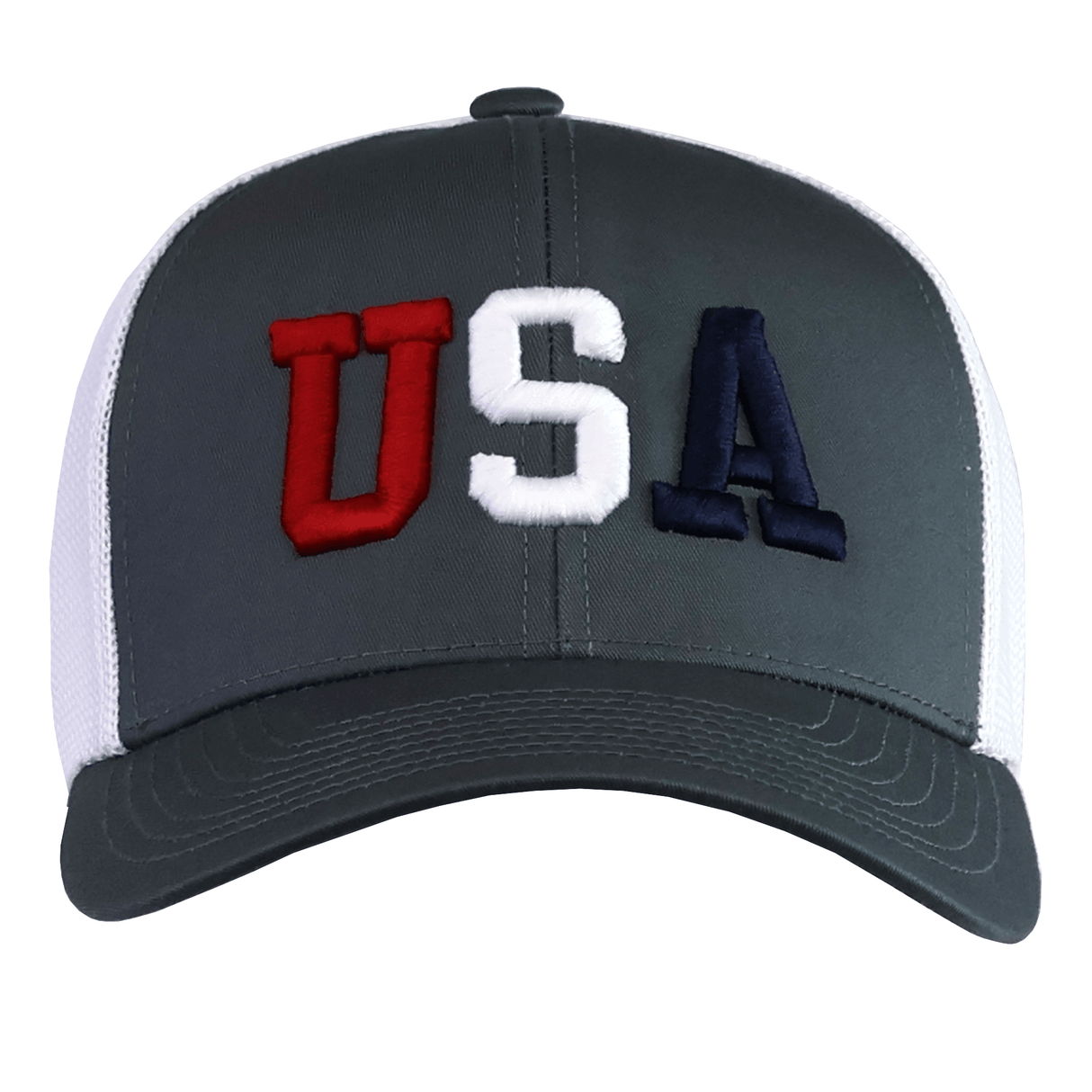 The EMB Augusta USA Patriotic Trucker cap features gray and white panels with "USA" in red, white, and blue puff embroidery—a bold, patriotic hat for any occasion.
