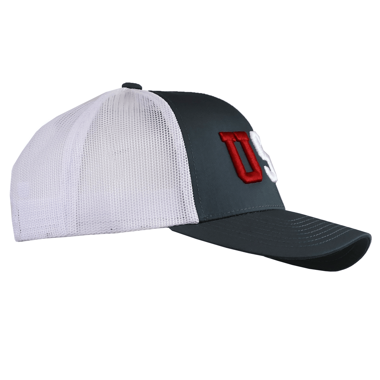 The EMB Augusta USA Patriotic Trucker is a gray and white hat with "US" puff embroidery in red and white on the front and a breathable mesh back for classic patriotic style.