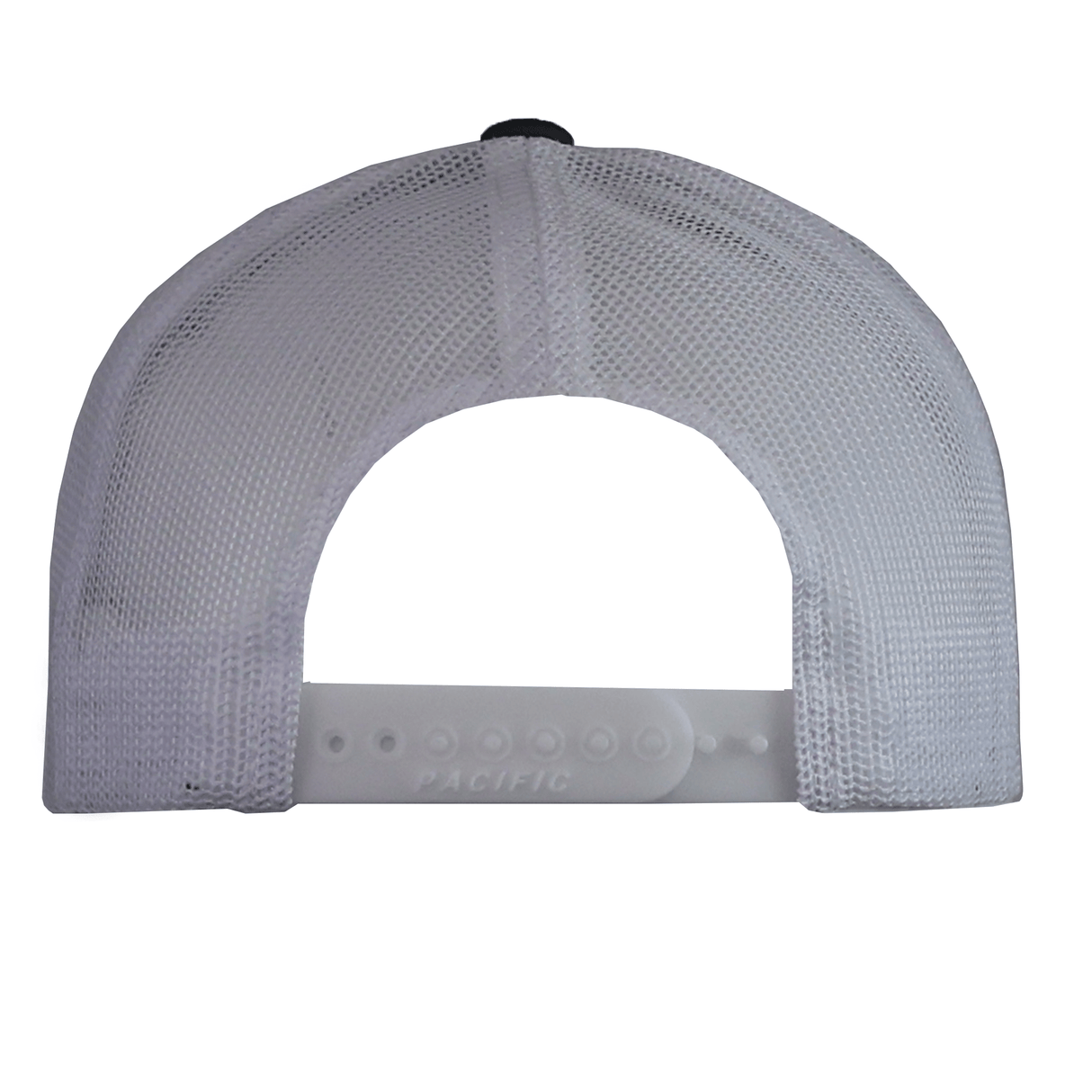 Back view of the EMB Augusta USA Patriotic Trucker cap in white mesh, featuring an adjustable plastic snap closure.