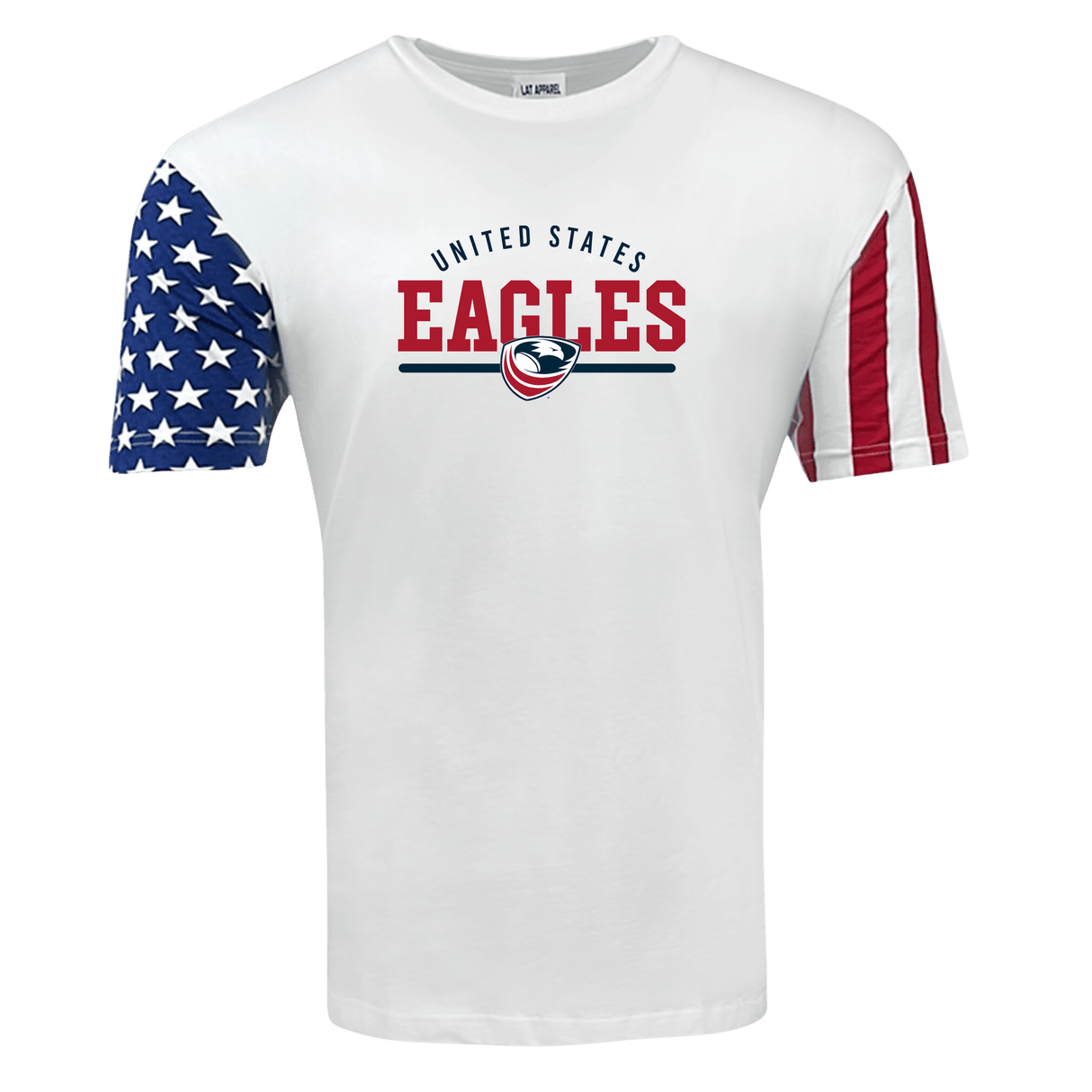 A white WRS LAT t-shirt with a "USA Rugby Wordmark Stars & Stripes Tee 24" logo, featuring an American flag design on one sleeve and red vertical stripes on the other.