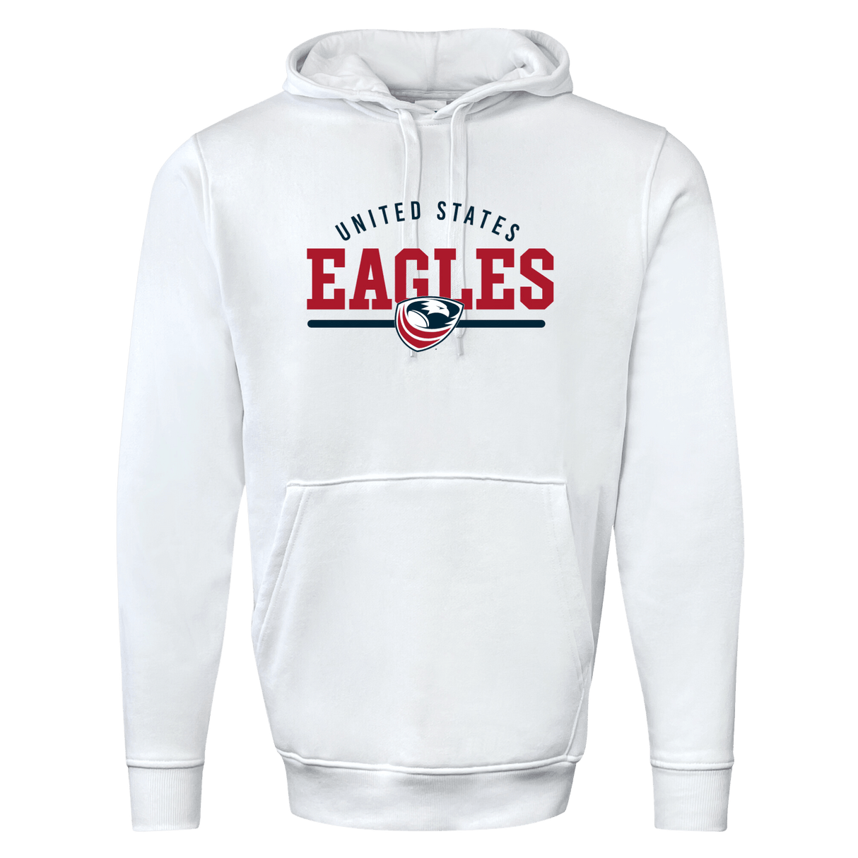 White hooded sweatshirt with "USA Rugby Wordmark 60/40 Pullover Hoodie 24" and an emblem logo printed on the front by WRS Augusta.