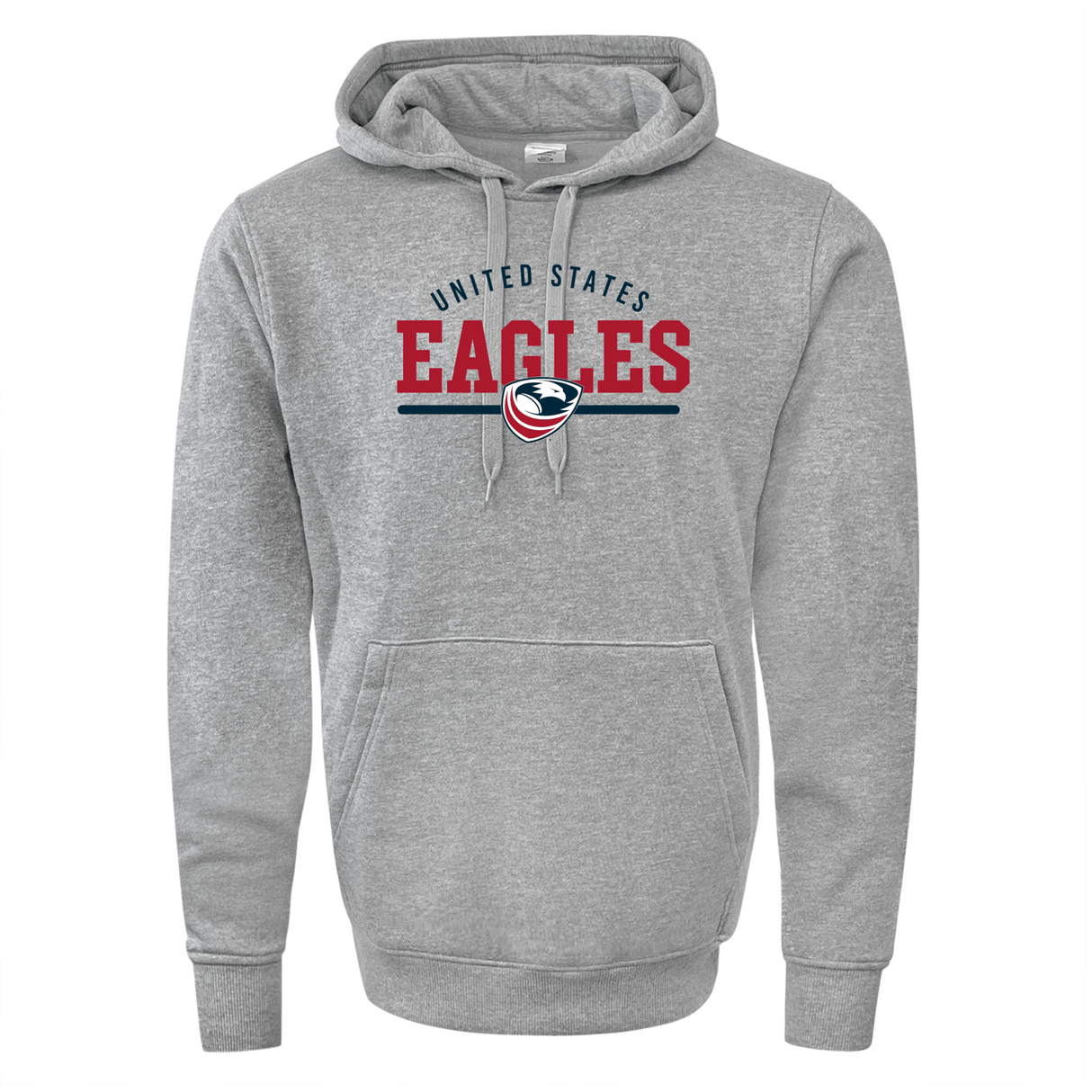 Gray hooded sweatshirt with the text "USA Rugby Wordmark 60/40 Pullover Hoodie 24" and an eagle logo on the chest, featuring a drawstring hood and a front pouch pocket by WRS Augusta.