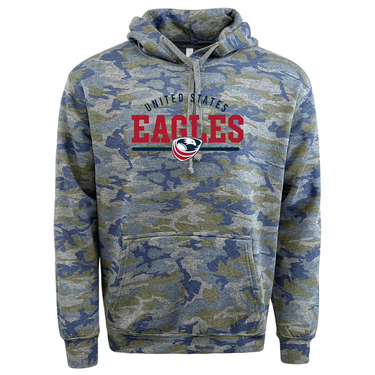 A USA Rugby Camo Edition Wordmark Hoodie 24 with a "united states eagles" logo featuring an eagle and a rugby ball on the front by WRS LAT.