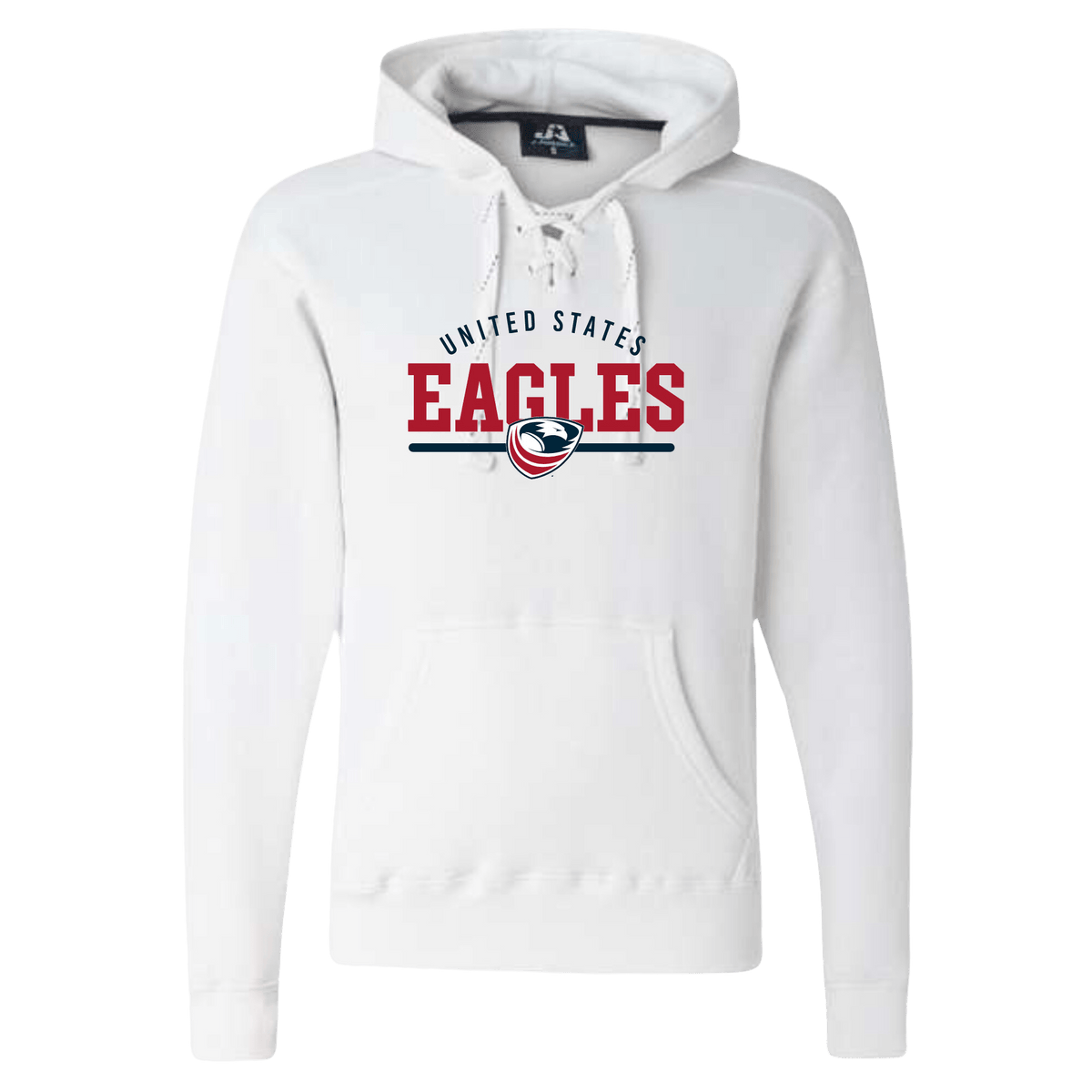 The WRS S&S Activewear USA Rugby Wordmark Hockey Hoodie 24 is a white hoodie featuring "United States Eagles" and an eagle head logo in red, blue, and black with a bold USA Eagles design on the front.