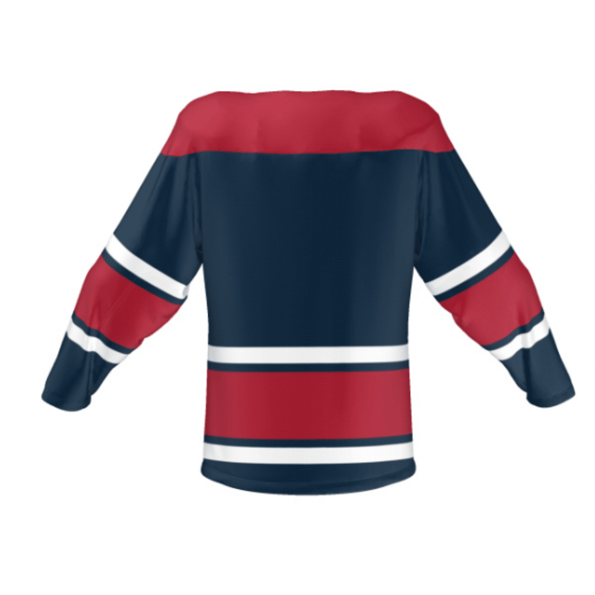 The back view of the Teamatical USA Rugby Classic Lace-Up Hockey Jersey showcases long sleeves with blue, red, and white horizontal stripes, offering a snag-resistant design for optimal performance.