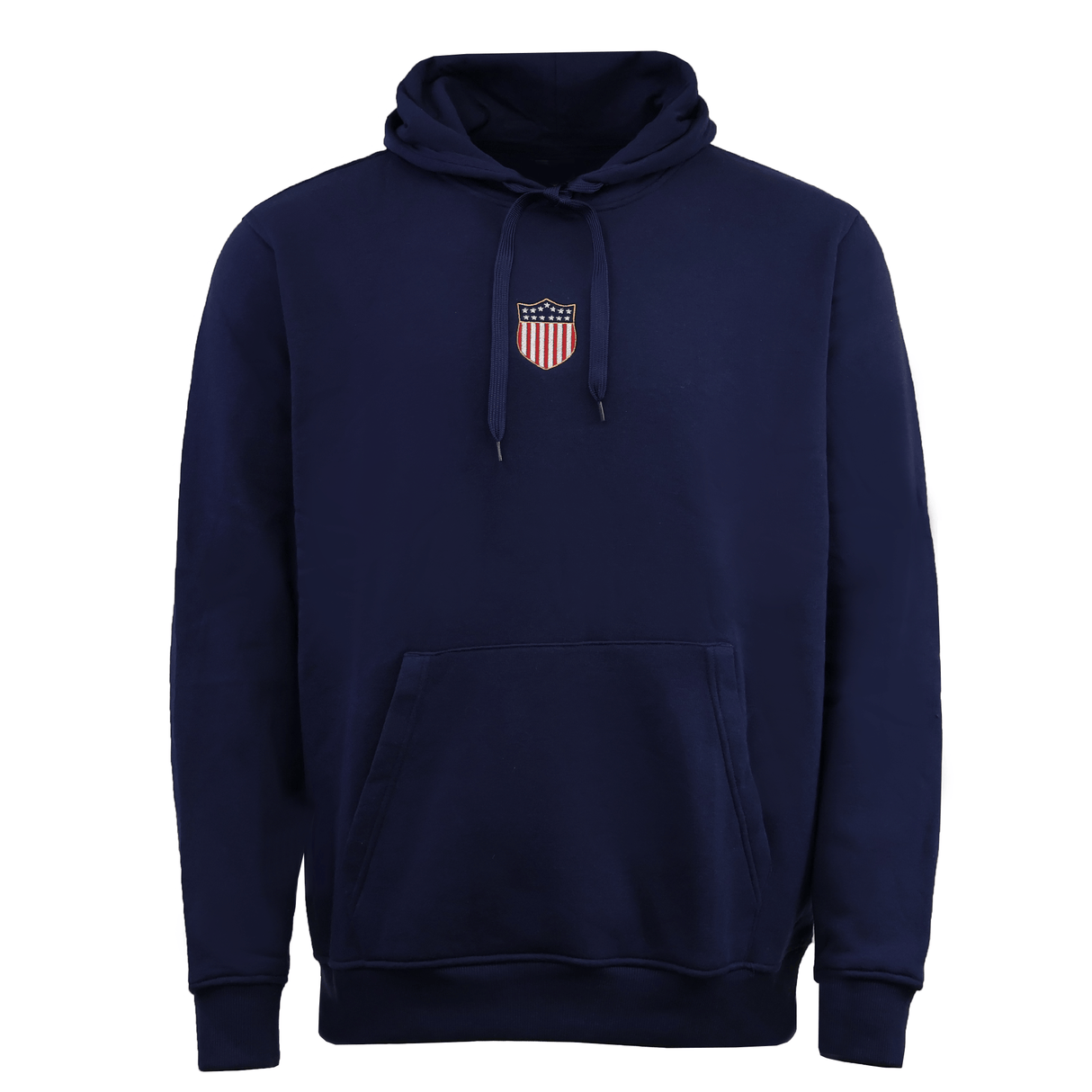The EMB Augusta USA Rugby Elevated Original Olympic Hoodie is a navy hooded sweatshirt with front pocket and a small embroidered USA shield logo on the chest—perfect for fans celebrating Eagles history and the Olympic anniversary.