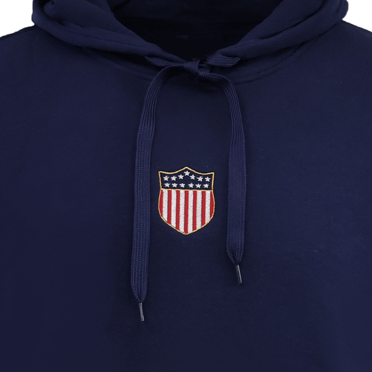 The EMB Augusta USA Rugby Elevated Original Olympic Hoodie in navy features a shield patch with stars and red and white stripes on the chest, honoring Eagles history.