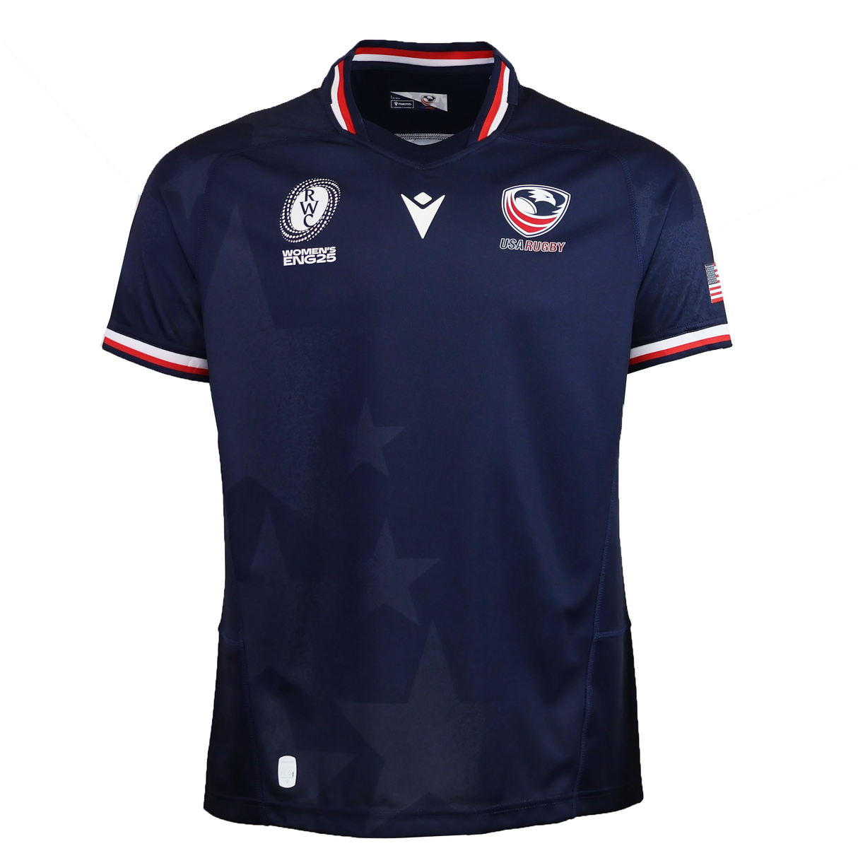 Cheer for Team USA at the Women’s Rugby World Cup 2025 in the Macron USA Rugby WRWC25 Replica Home Jersey, featuring a navy design with red, white, and blue accents, chest logos, and an American flag patch on the sleeve.