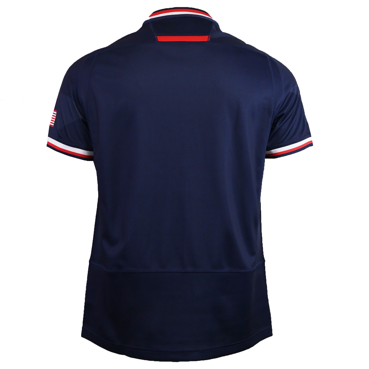 The USA Rugby WRWC25 Replica Home Jersey by Macron is a navy blue short-sleeve top with white, red, and blue sleeve trim and a small American flag patch—perfect for showing your support at the Women’s Rugby World Cup 2025.