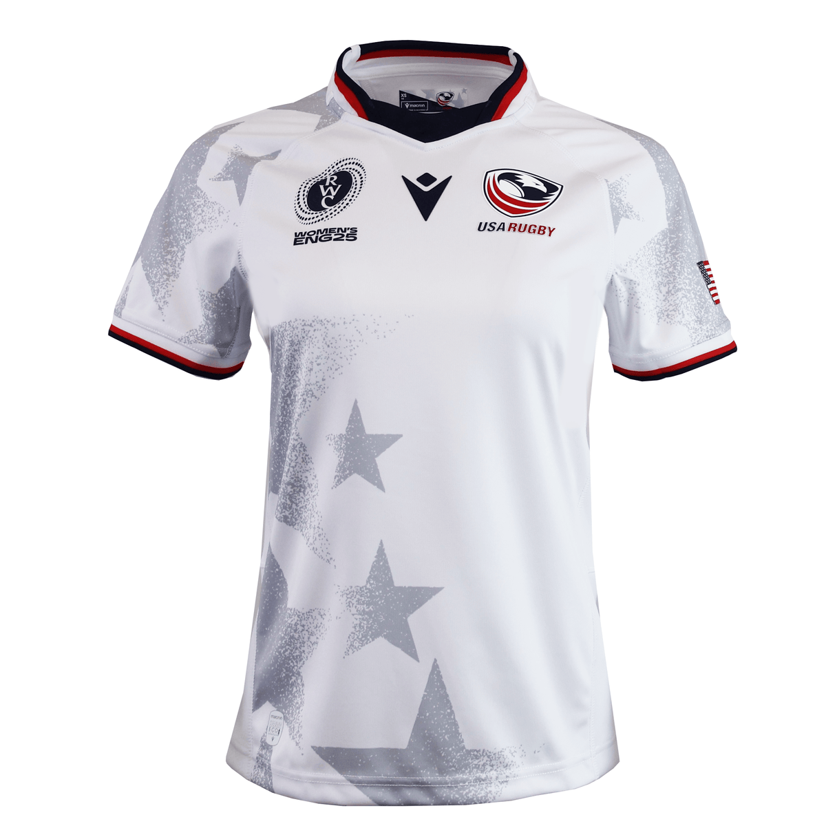 The Women's USA Rugby WRWC25 Replica Away Jersey by Macron features gray star patterns, navy and red collar and sleeve accents, and the USA Rugby logo on the right chest—a stylish replica from Macron.