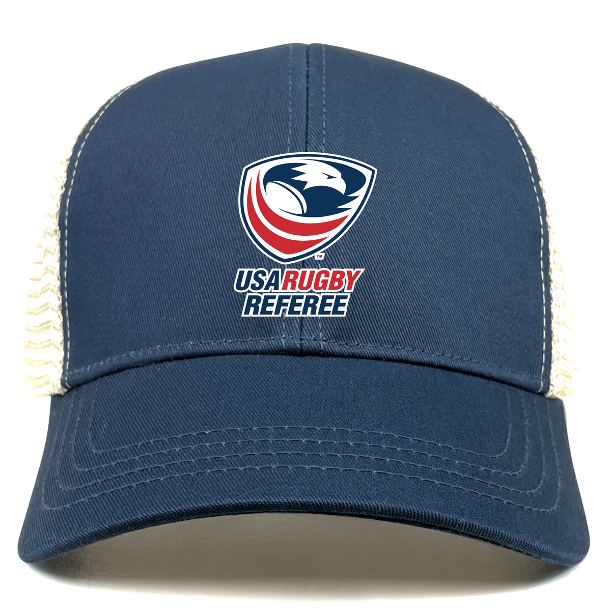 The USA Rugby Referees Eco Trucker Cap by EMB S&S Activewear is a navy blue hat with mesh sides, featuring a front logo and crafted from eco-friendly organic cotton for comfort and sustainability.