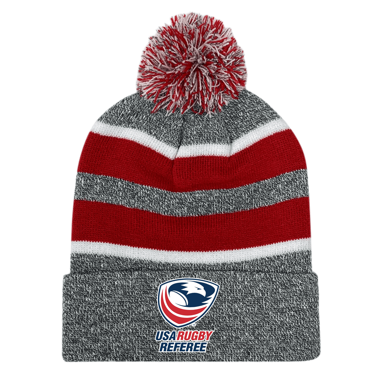 The EMB Augusta USA Rugby Referees Hooped Pom-Pom Beanie features a red, white, and blue stripe.