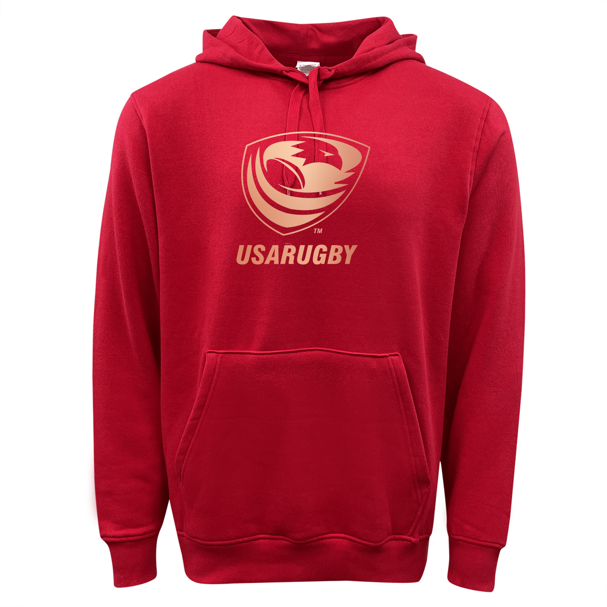 The WRS Augusta USA Rugby Bronze 60/40 Fleece Pullover Hoodie is a red pullover with a gold USA Rugby logo, front pouch pocket, and drawstring hood—perfect for celebrating your Bronze Medal spirit.
