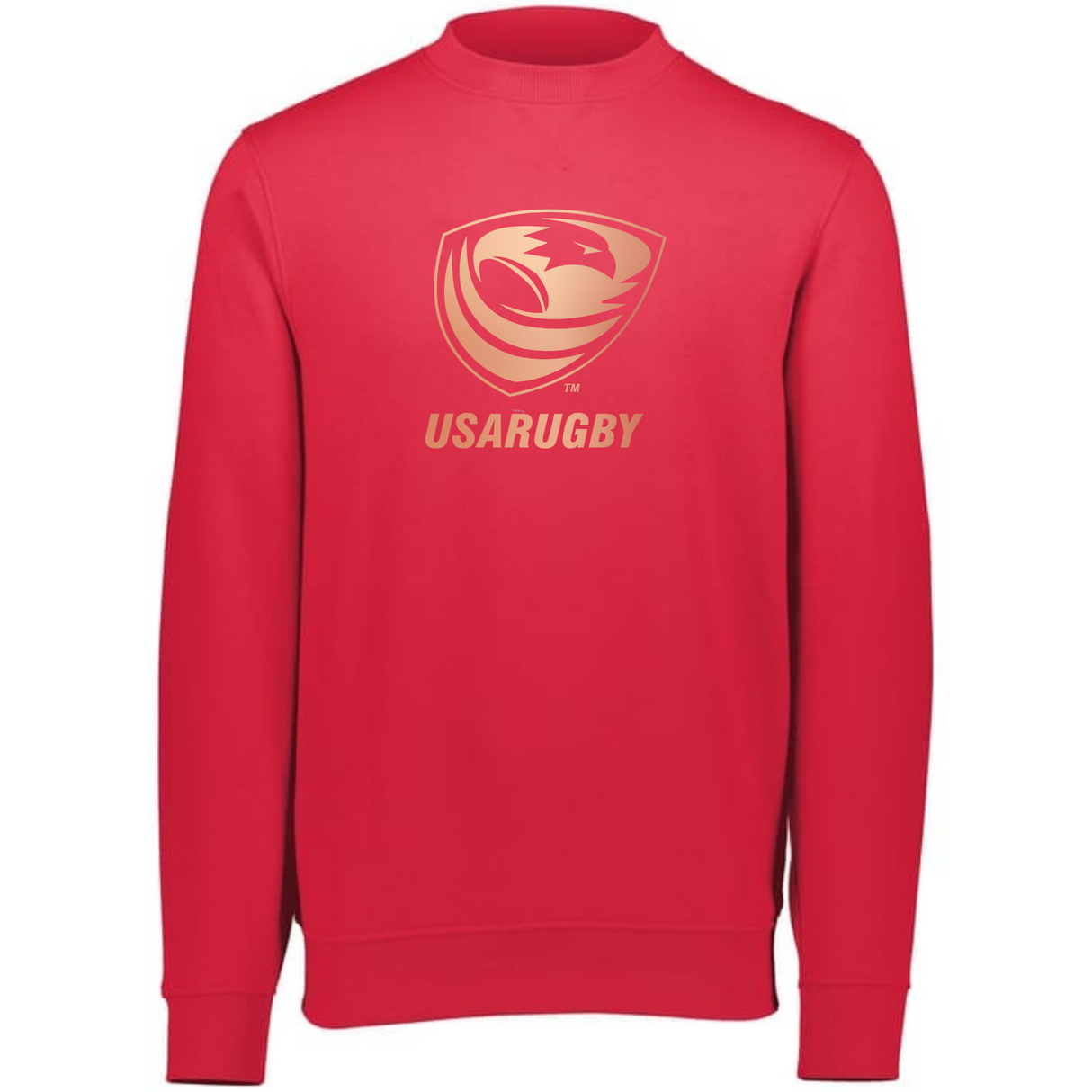 The USA Rugby Bronze Fleece Crewneck Sweatshirt by WRS Augusta features the USA Rugby logo and "USARUGBY" text in beige on the front—ideal for showing your team pride.