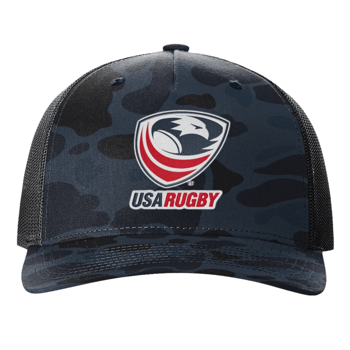 The EMB S&S Activewear USA Rugby Printed Five-Panel Trucker Cap comes in black and dark blue camo, featuring the iconic eagle and red rugby ball logo, plus an adjustable snapback for a comfortable fit.