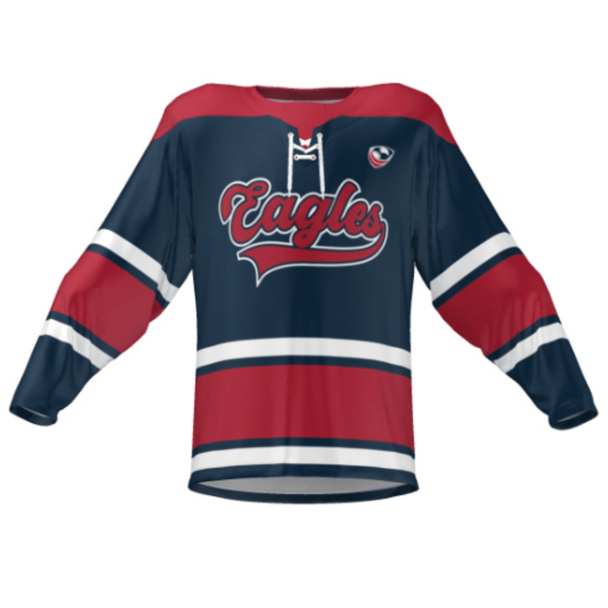 The Teamatical USA Rugby Classic Lace-Up Hockey Jersey features dark blue with red accents and "Eagles" script. It's made from snag-resistant fabric, has white accents on the sleeves and hem, and a small eagle logo on the shoulder.