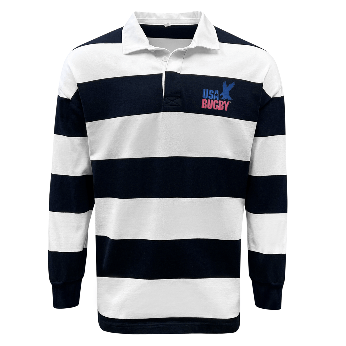 White and navy striped EMB Mudoo USA Rugby Throwback Hooped Classic Jersey with a collar and USA Rugby logo on the left chest, isolated on a white background.