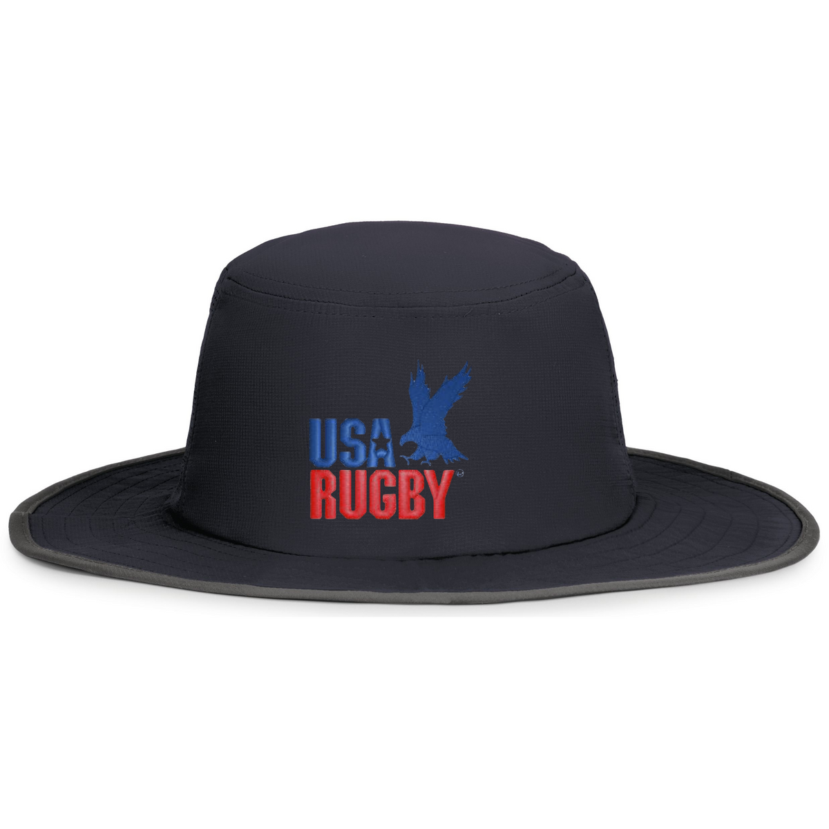 The EMB Augusta USA Rugby Throwback Legend Boonie Hat is black with moisture-wicking fabric and features red and blue text.