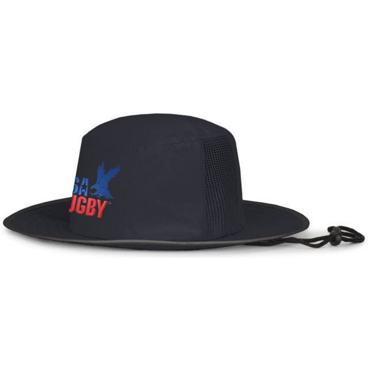 The EMB Augusta USA Rugby Throwback Legend Boonie Hat features a wide brim, chin strap, eagle logo, and moisture-wicking fabric to keep you cool and comfortable all day.