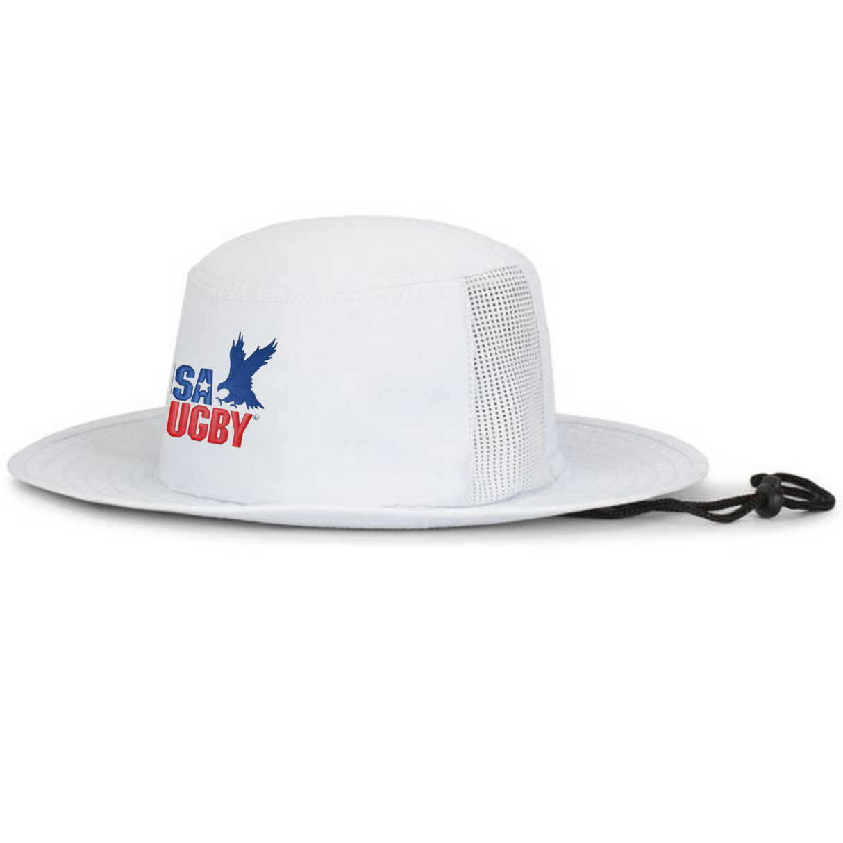 The EMB Augusta USA Rugby Throwback Legend Boonie Hat is white with mesh side panels for moisture wicking, an adjustable chin cord, and features an eagle "USA Rugby" logo on the front.