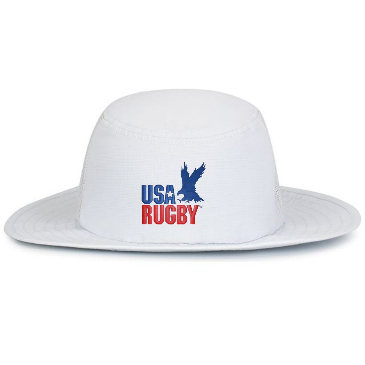 The EMB Augusta USA Rugby Throwback Legend Boonie Hat is a white, moisture-wicking wide-brim hat featuring the official logo with a blue eagle and red-blue text on the front for cool, comfortable style.