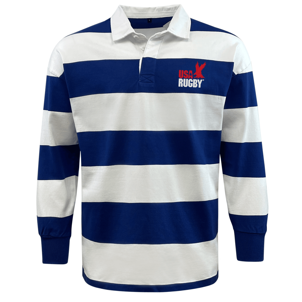 White and blue striped EMB Mudoo USA Rugby Throwback Hooped Classic Jersey with a collar and a 'USA Rugby' logo on the left chest.