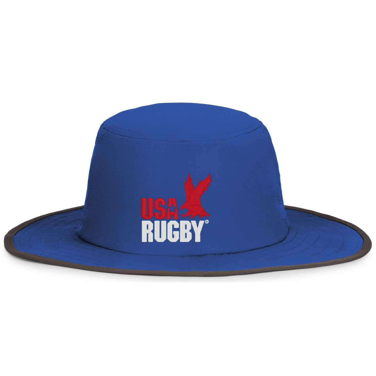 Stay cool and comfortable in the EMB Augusta USA Rugby Throwback Legend Boonie Hat, featuring a blue wide brim with black trim and the embroidered red USA Rugby logo with eagle on the front. Moisture-wicking; perfect for every match.