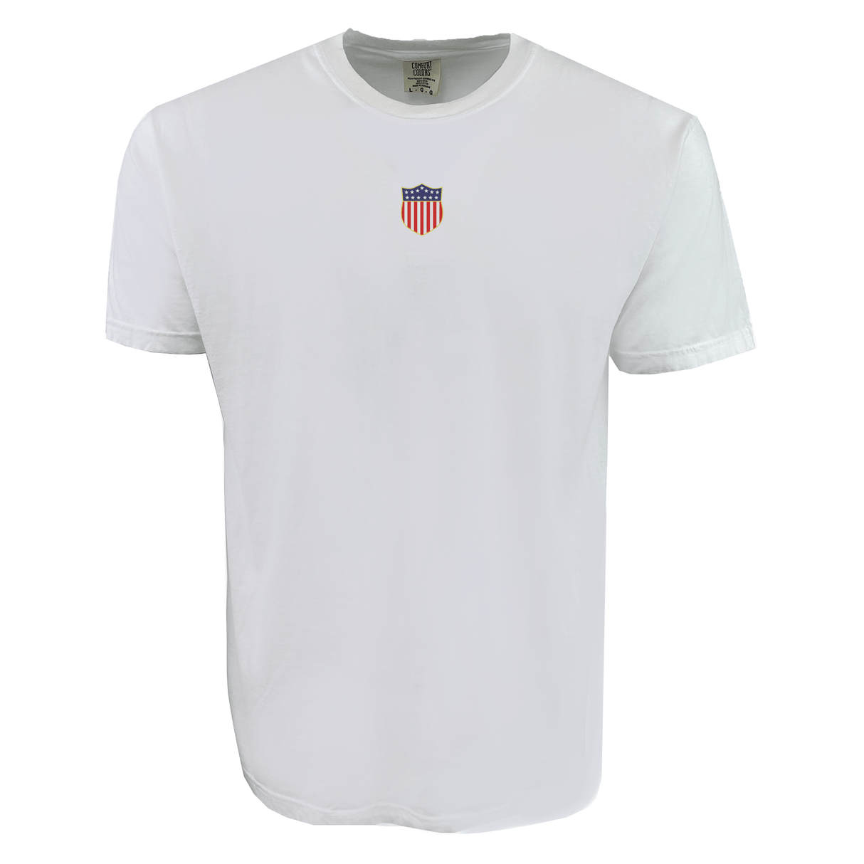 The USA Rugby Elevated Original Olympic Comfort Tee by EMB S&S Activewear features a small red, white, and blue shield with stars and stripes on the chest, part of the Through the Decades Collection.