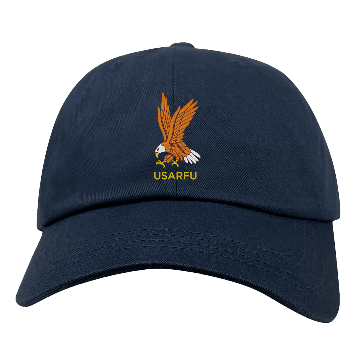 Celebrate 50 years of USA Rugby with the EMB S&S Activewear USA Rugby Heritage 50th Anniversary Dad Cap, featuring an embroidered eagle holding a rugby ball above "USARFU"—a must-have for any fan.