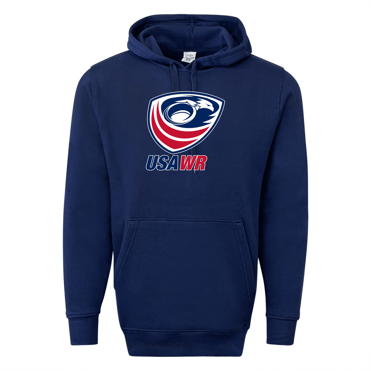 A navy USA Wheelchair Rugby 60/40 pullover hoodie featuring the WRS Augusta logo, perfect for fan wear.