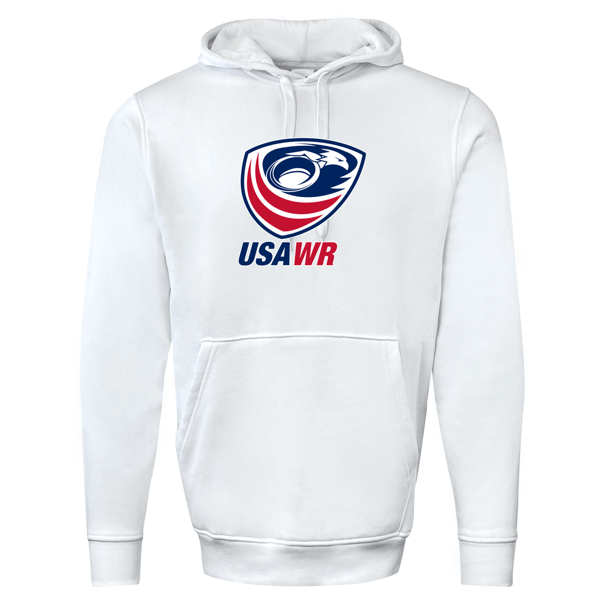 A white WRS Augusta USA Wheelchair Rugby 60/40 Pullover Hoodie with the words USA HR on it.