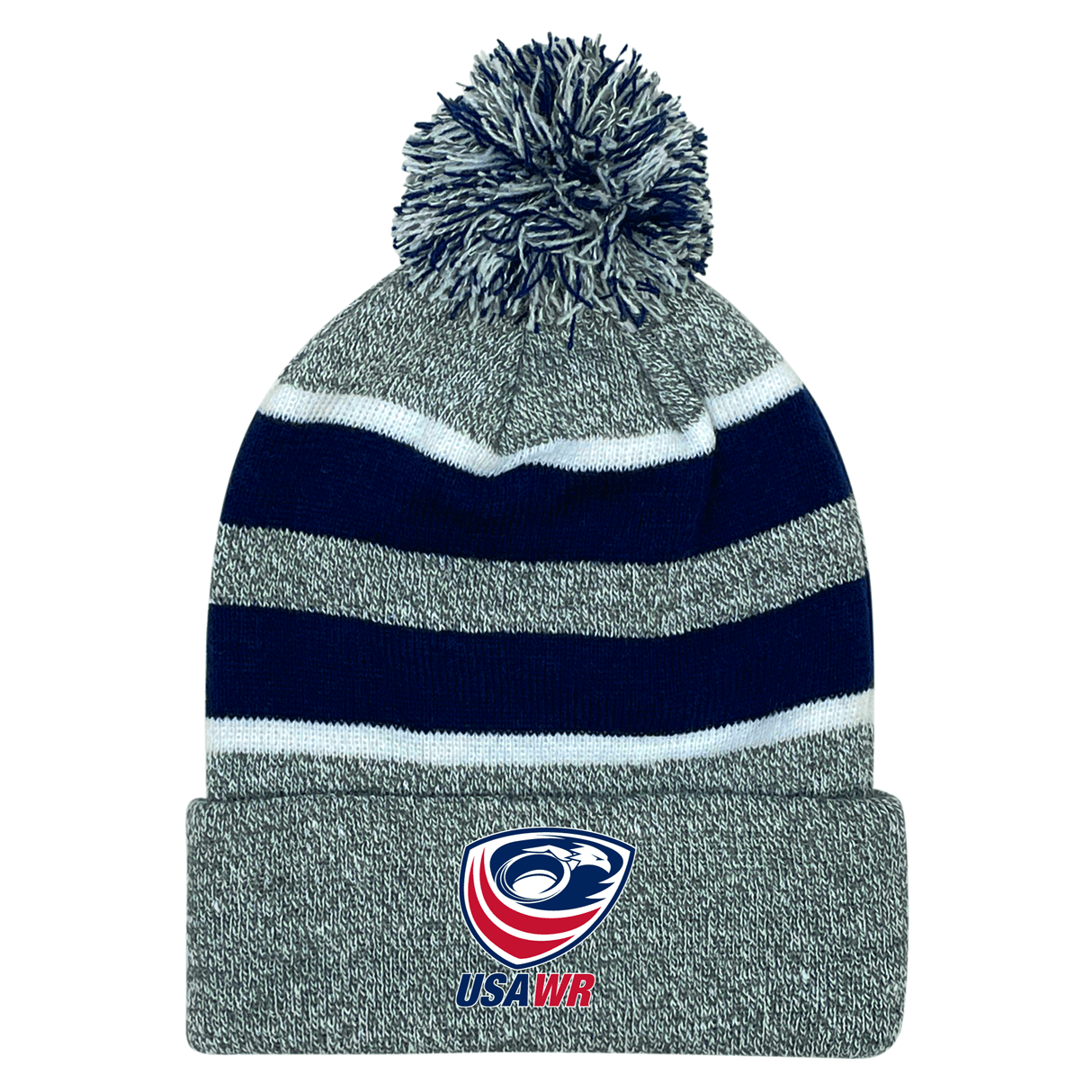 An EMB Augusta USA Wheelchair Rugby Hooped Pom-Pom Beanie inspired by USA Wheelchair Rugby.