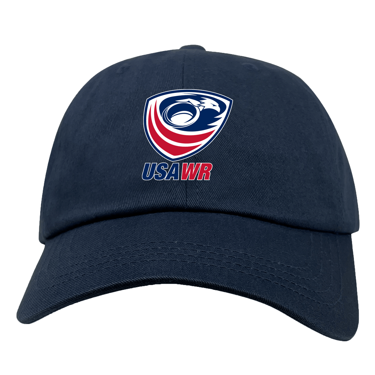 Show your support with the USA Wheelchair Rugby Dad Cap by EMB S&S Activewear—an unstructured navy blue hat with an embroidered Eagle's logo and "USA WR" text, ideal for any fan of USA Wrestling.