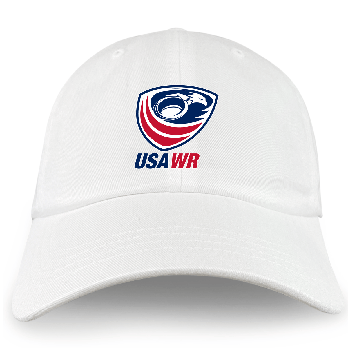 The EMB S&S Activewear USA Wheelchair Rugby Dad Cap is a white, unstructured low-profile hat with an embroidered eagle logo above "USA WR" in bold blue and red—perfect for wheelchair rugby fans.