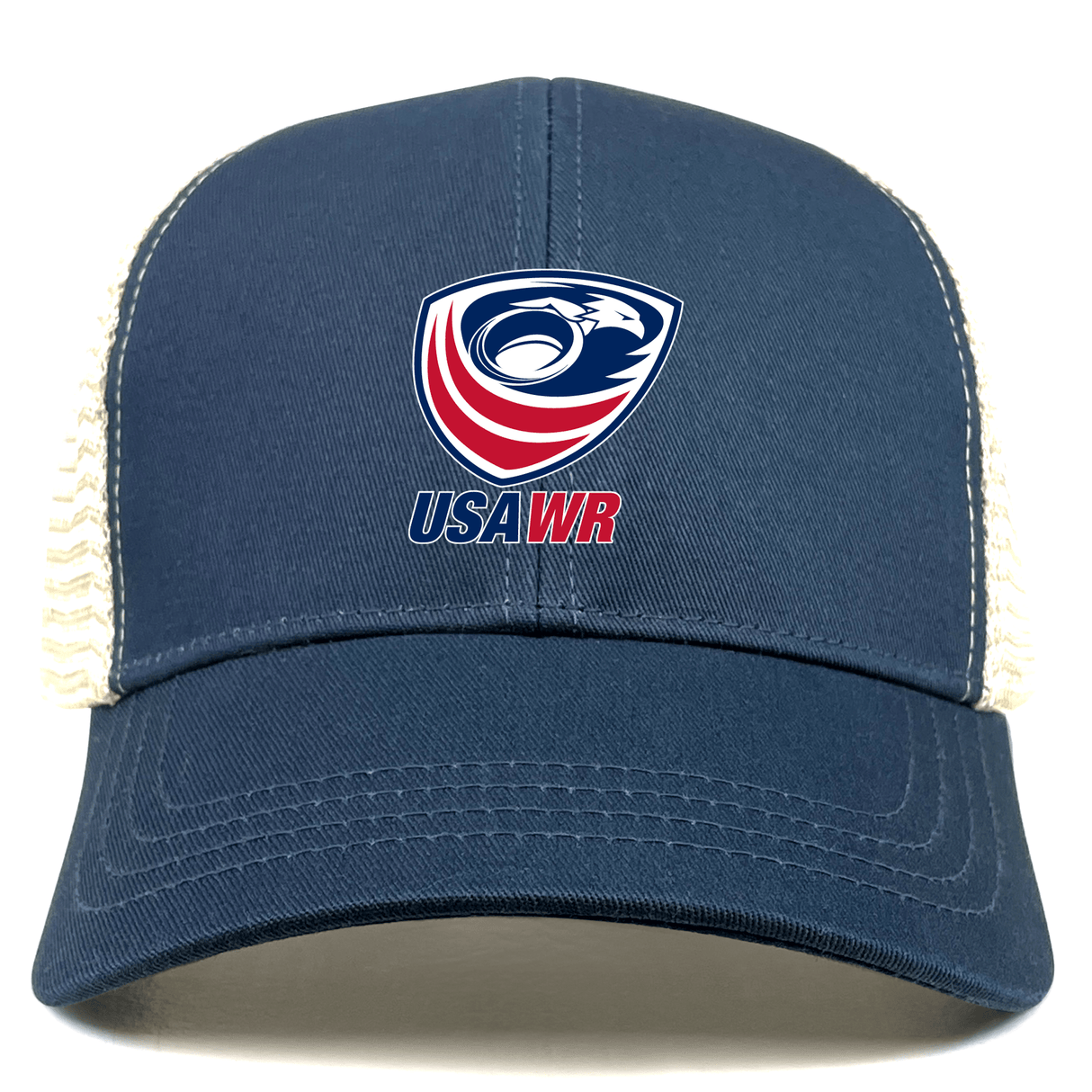 The USA Wheelchair Rugby Eco Trucker Cap by EMB S&S Activewear features navy blue fabric, white mesh sides, and an eagle head logo in red, white, and blue—ideal for any wheelchair rugby fan.