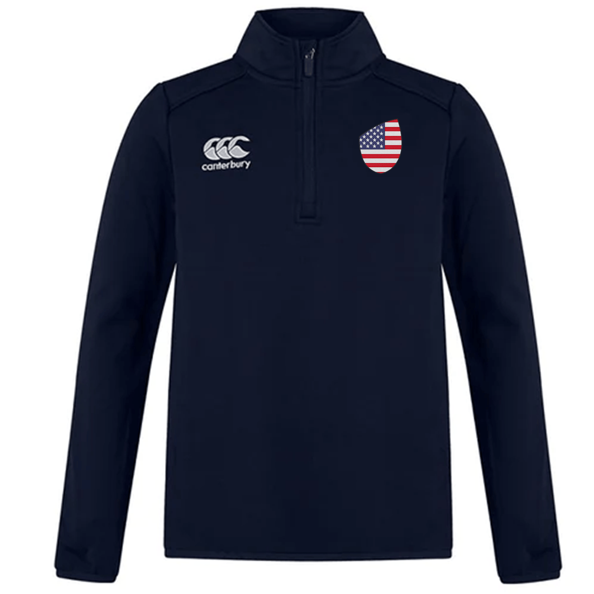 The EMB Canterbury USA Club Shield 1/4 Zip Training Top is a navy quarter-zip featuring the CCC logo and a shield with an American flag on the chest, ideal for rugby season.